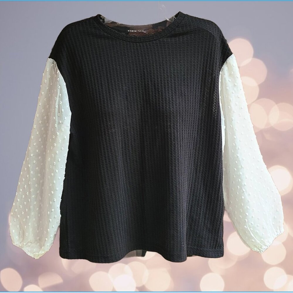 Shein Womens Knit Top Blouse Bishop Sleeves Black White Size XS
